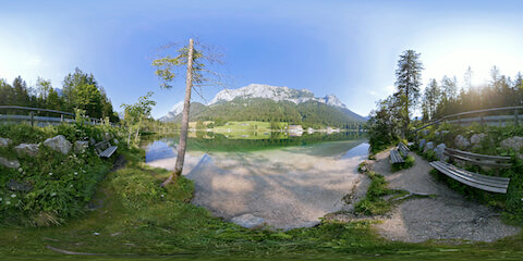 Alpine Lake With Park Benches