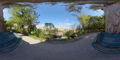 View To Santiago De Compostella Cathedral From Park Bench Around Tree