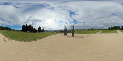 Statue Of Two Pilgrims Facing Santiago De Compostella