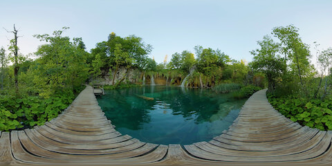 Cascading Waterfalls From Boardwalk In The Morning