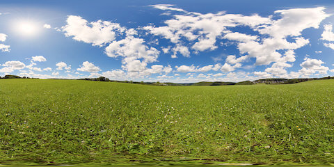 Blue Sky And White Clouds Over Lush Green Meadow Close To Ground