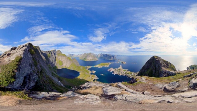 Panoramic mountain view over arctic fishing village