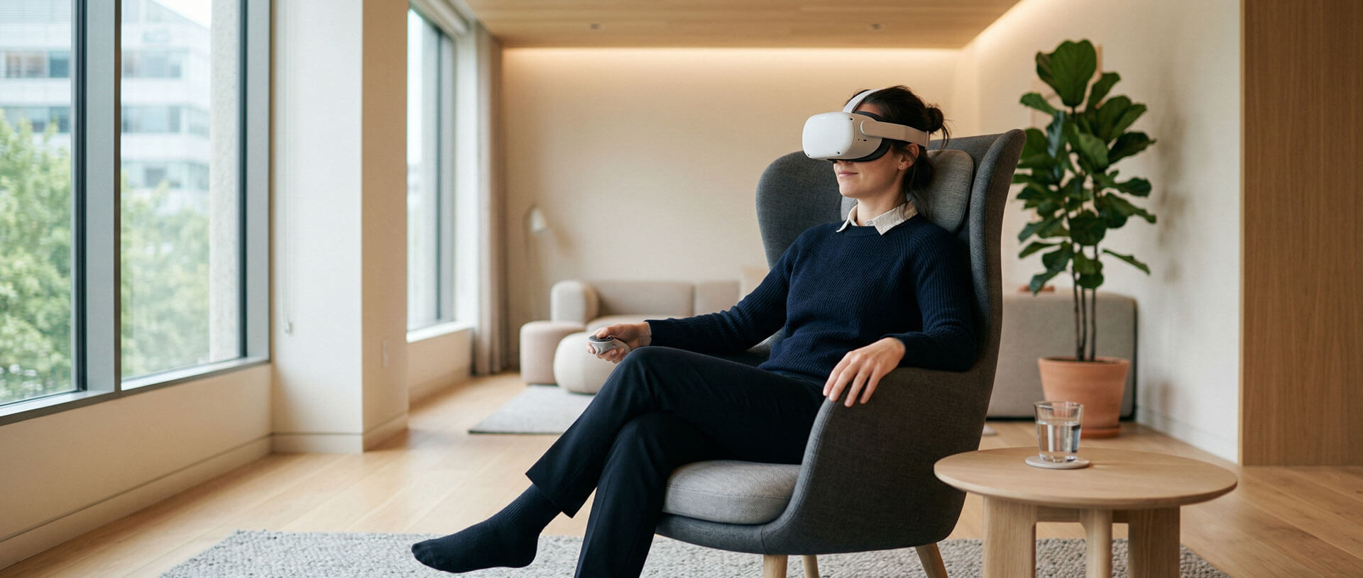 Employee relaxing with VR headset in a calm nature environment