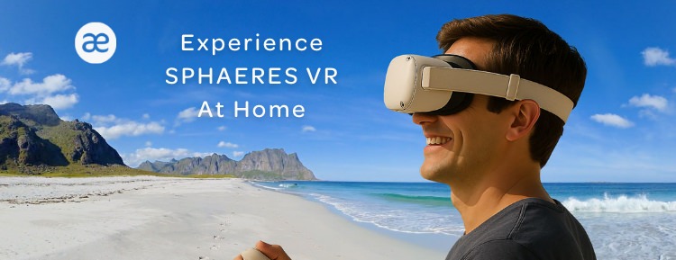 Person wearing a VR headset viewing a tropical beach in virtual reality with palm trees and white sand