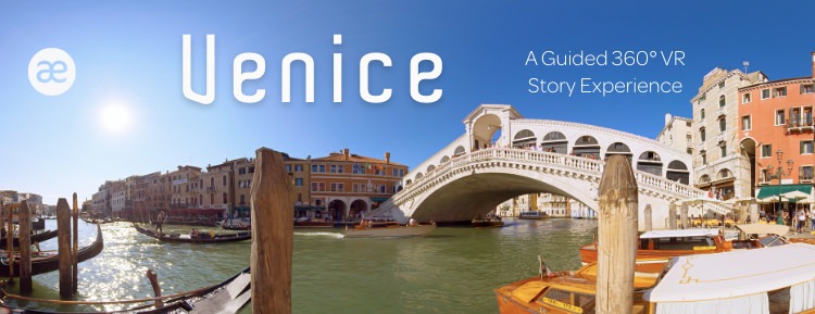Venice immersive 360 VR tour — gondolas on the Grand Canal with Rialto Bridge in the distance